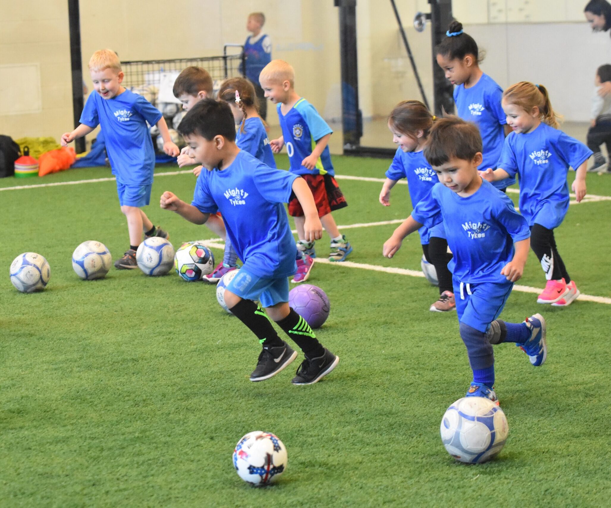 Mighty Tykes Soccer: Toddler and preschool soccer classes for ages 18 months to 6 on indoor turf at Westmont Yard in Westmont IL.